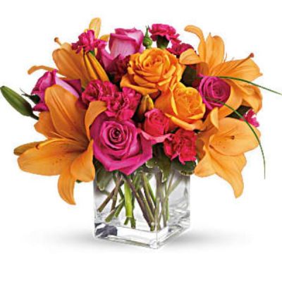 <div id="mark-3" class="m-pdp-tabs-marketing-description">Tres chic! Send that special someone a stylish sentiment with the bright colors of this modern arrangement. Summery hot pinks and oranges are contrasted by the cool clarity of a simple cube vase. An eye-catching everyday choice!</div>
<div id="desc-3">
<ul>
 	<li>Orange asiatic lilies, hot pink and light orange roses, miniature red carnations and a bit of understated greenery.</li>
 	<li>Delivered in a clear glass cube vase.</li>
</ul>
</div>